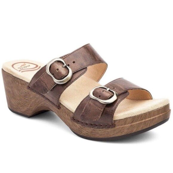 DANSKO Sophie Teak Vintage Sandals Brown Leather Buckle Slip Ons - Picture 1 of 5